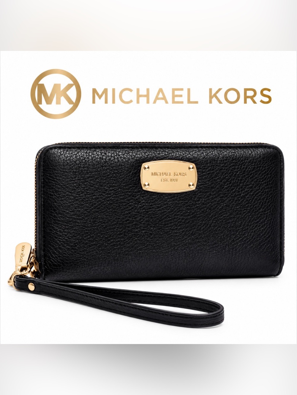 Michael Kors Jet Set Travel Large Wristlet Wallet Black Leather Zip Continental